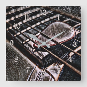 Chaînes De Guitare En Cuir Carré Horloge Mur