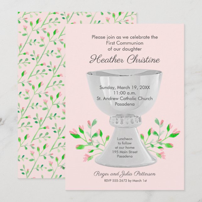 Chalice Floral rose première communion Invitations (Devant / Derrière)