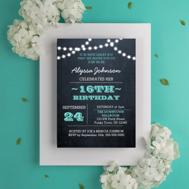 Chalk Lights Turquoise 16e anniversaire Invitation (Créateur téléchargé)