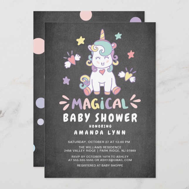Chalkboard Baby shower magique Unicorn Invitation (Devant / Derrière)