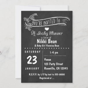 Chalkboard Baby shower Zebra Bow Chic Invitations
