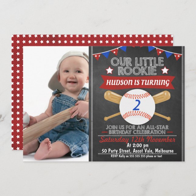 Chalkboard Baseball Photo Anniversaire Invitation (Devant / Derrière)