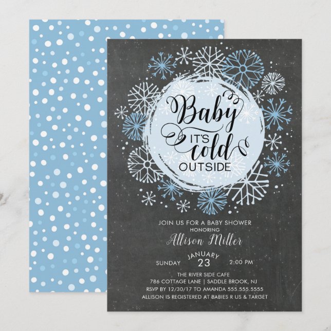 Chalkboard Blue Baby It's Cold Outside Invitation (Devant / Derrière)