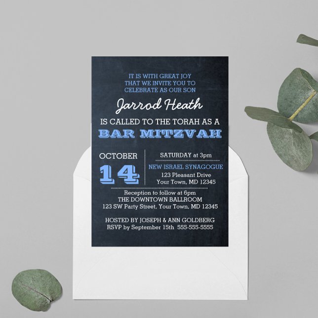 Chalkboard Blue Bar Mitzvah Invitation Pas de logo (Créateur téléchargé)