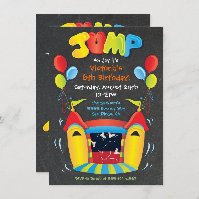Chalkboard Bounce House Invitation de la fête du j (Devant / Derrière)