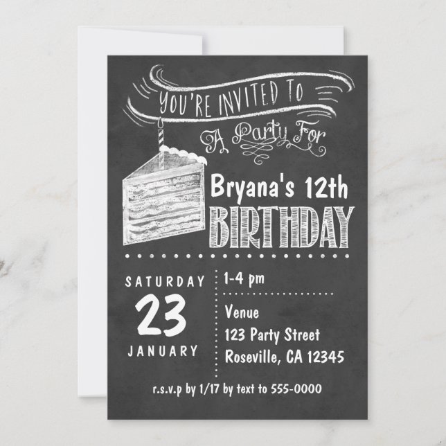 Chalkboard Cake Slice Invitations de fête d'annive (Devant)