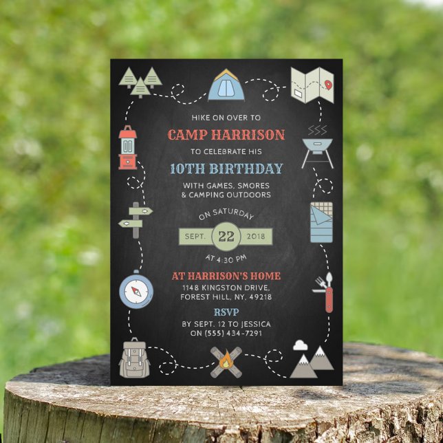 Chalkboard Camping Anniversaire Fête Invitations (Créateur téléchargé)