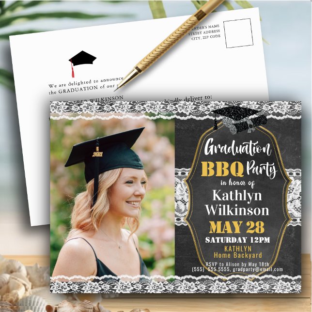 Chalkboard Cute Lace 2 Photo Graduation Invitation (Créateur téléchargé)