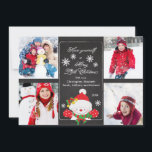 Chalkboard Cute Snowman 4 Carte de voeux photo<br><div class="desc">Carte de voeux de Noël populaire et tendance pour quatre photos de famille avec un bonhomme de neige mignon avec un casquette rouge et des mitaines rouges entouré de flocons de neige éparpillés sur un tableau noir élégant, chic et branché. Jolie petite carte de noël pour présenter votre belle famille...</div>