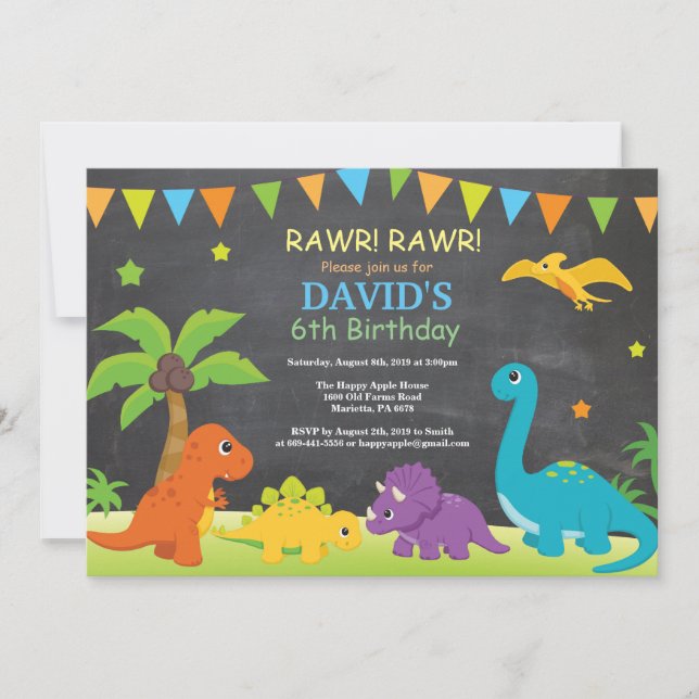Chalkboard Dinosaur Anniversaire Invitation Dino P (Devant)