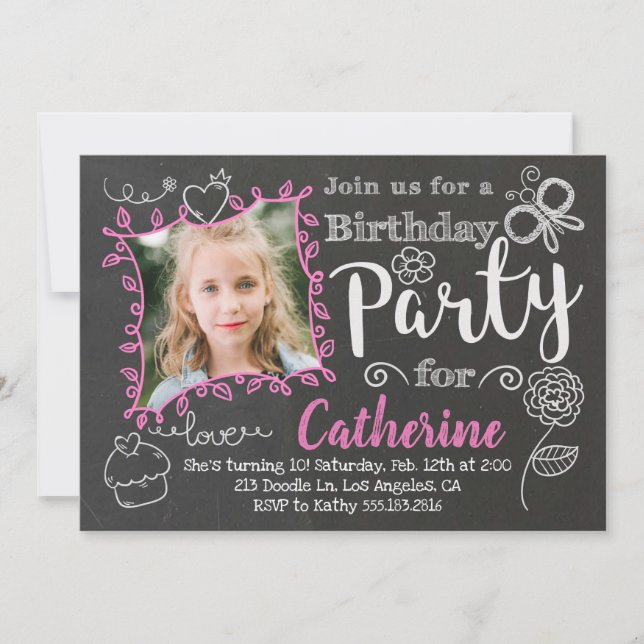 Chalkboard Doodles Girls Birthday Party Invitation (Devant)