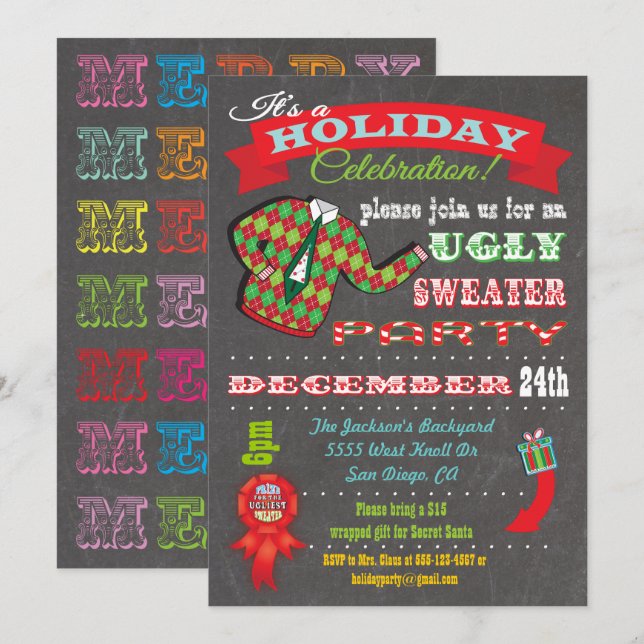 Chalkboard Douille moche Noël Fête Invitation (Devant / Derrière)