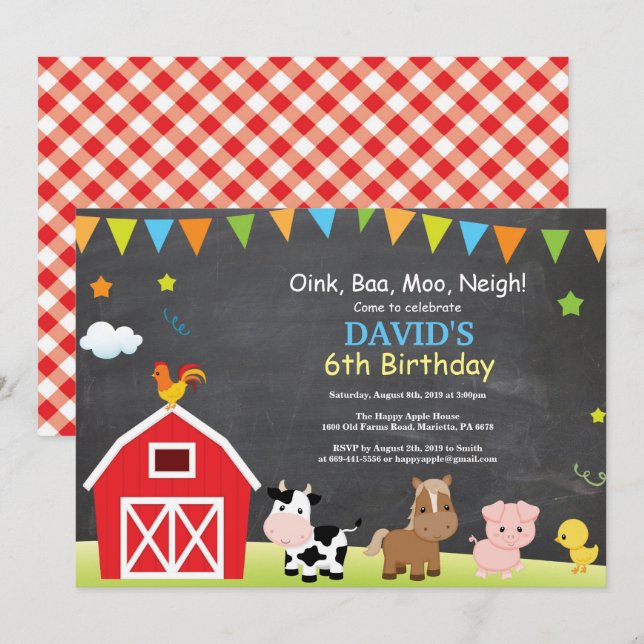 Chalkboard Farm Anniversaire Invitation Barnyard P (Devant / Derrière)