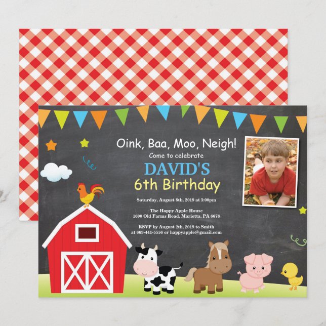 Chalkboard Farm Anniversaire Invitation Barnyard P (Devant / Derrière)