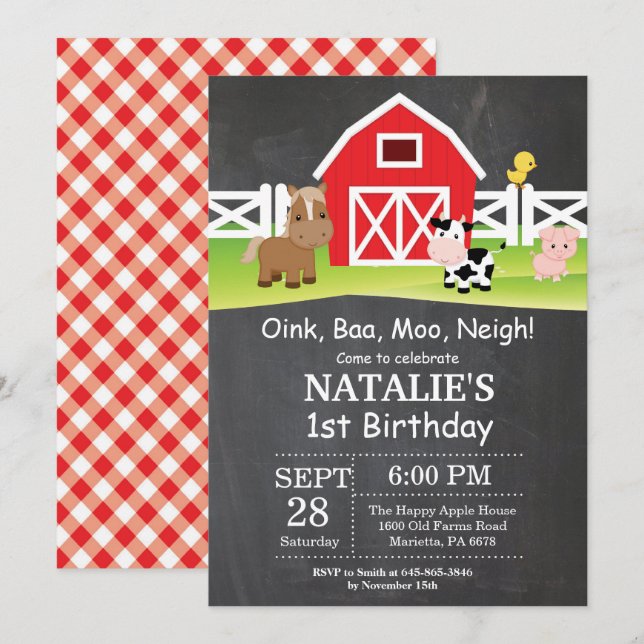 Chalkboard Farm Anniversaire Invitation Barnyard P (Devant / Derrière)