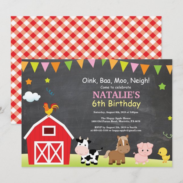 Chalkboard Farm Anniversaire Invitation Barnyard P (Devant / Derrière)