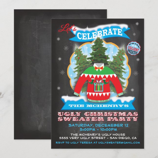 Chalkboard Fausses invitations de Sweater Noël (Devant / Derrière)
