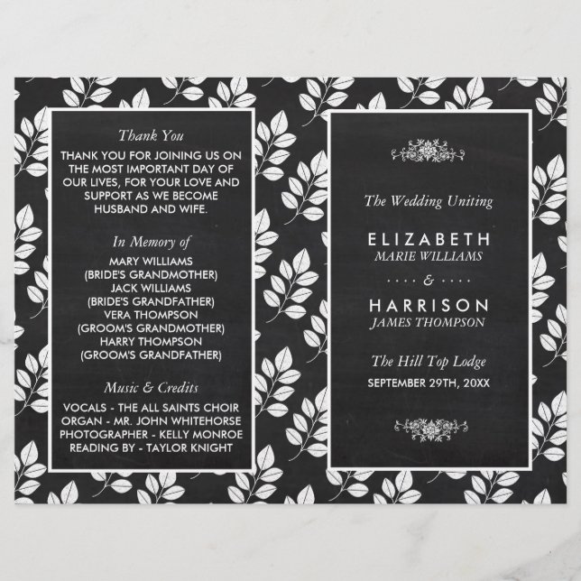 Chalkboard Floral Leaf Wedding Programme (Devant)