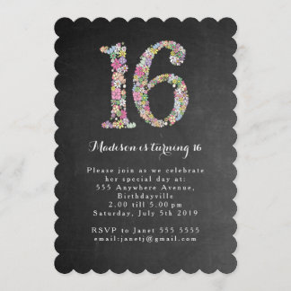 Chalkboard Floral Sweet 16 Invitation de fête d'an