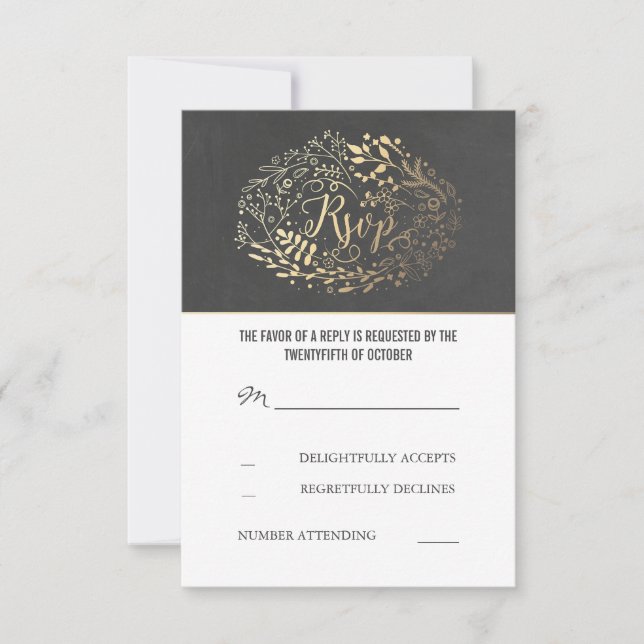 Chalkboard Gold Floral Wedal Cartes RSVP (Devant)