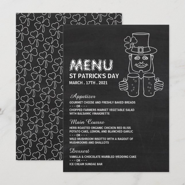 Chalkboard Leprechaun, Carte de menu St Patrick (Devant / Derrière)