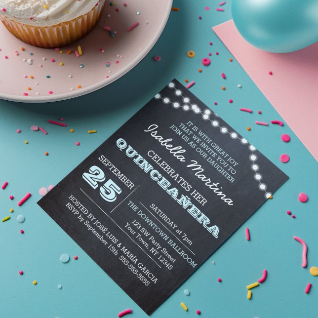 Chalkboard Lights Aqua Quinceañera Invitation (Créateur téléchargé)