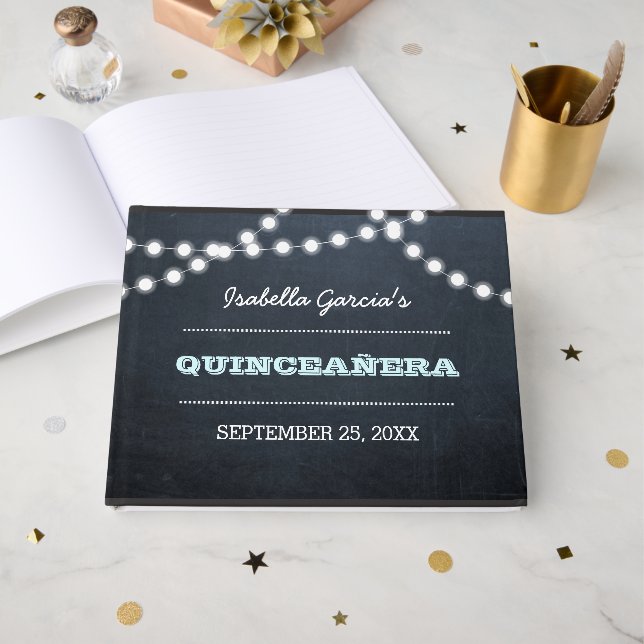 Chalkboard Lights Aqua Quinceañera Livre d'or (Recto ouvert)