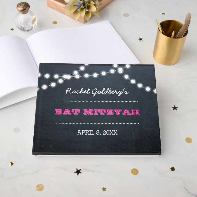 Chalkboard Lights Dark Rose Bat mitzvah livre d'in (Recto ouvert)
