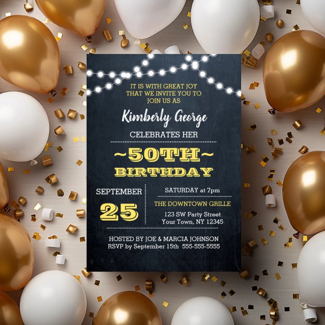 Chalkboard Lights Gold 50th Birthday Invitation (Créateur téléchargé)