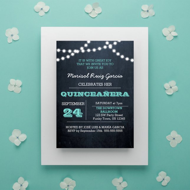 Chalkboard Lights Turquoise Quinceañera Invitation (Créateur téléchargé)