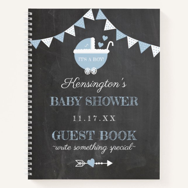 Chalkboard Look Blue Boys Baby shower Livre d'invi (Devant)