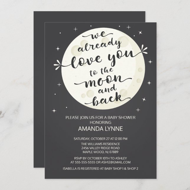 Chalkboard Love Moon & Back Baby shower Invitation (Devant / Derrière)