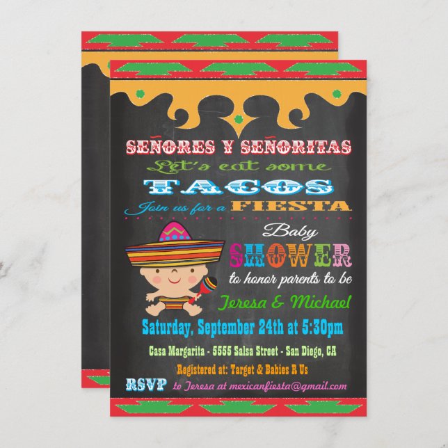 Chalkboard Mexicaine Fiesta Baby Douche invitation (Devant / Derrière)