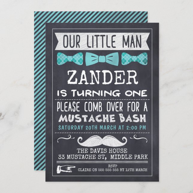 Chalkboard Mustache 1er Anniversaire Invitation (Devant / Derrière)