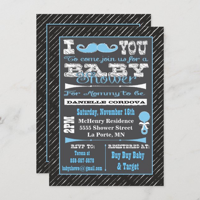 Chalkboard Mustache garçon bébé douche Invitations (Devant / Derrière)