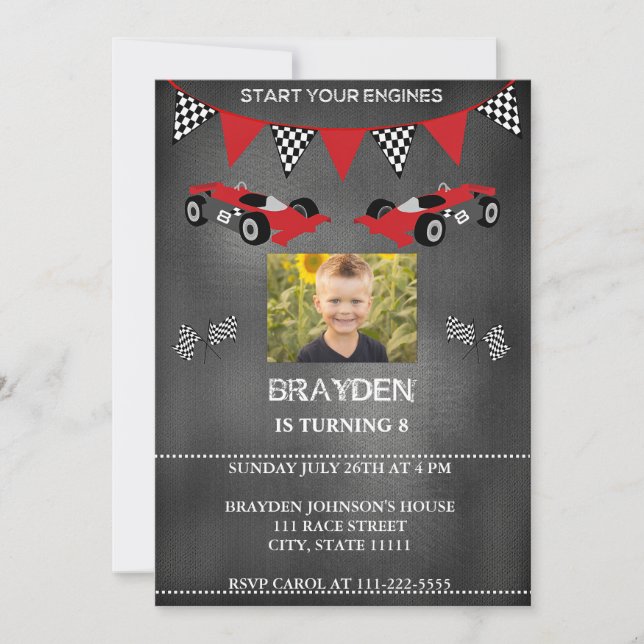 Chalkboard Photo Race Car Anniversaire Invitation (Devant)