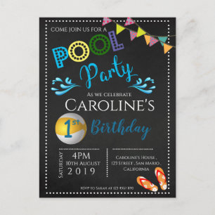 Chalkboard Pool Party 1er Anniversaire Invitation