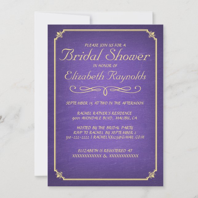 Chalkboard Purple & Gold Bridal Douche Invitations (Devant)