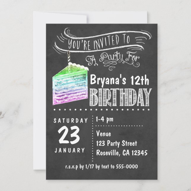Chalkboard Rainbow Cake Slice Invitations Annivers (Devant)