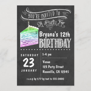Chalkboard Rainbow Cake Slice Invitations Annivers
