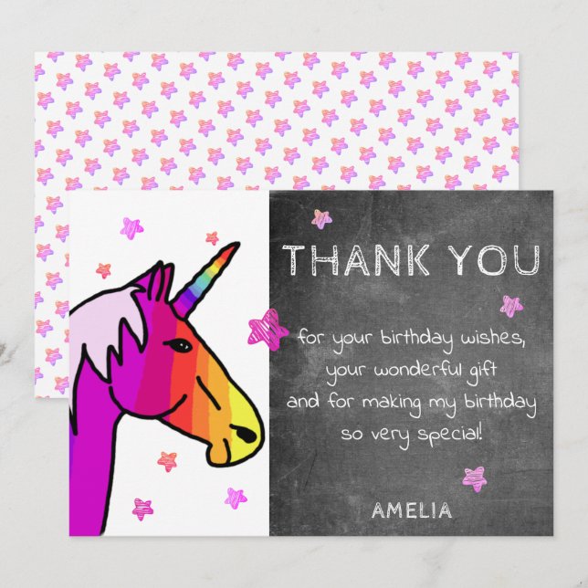 Chalkboard Rainbow Unicorn Carte de remerciements (Devant / Derrière)
