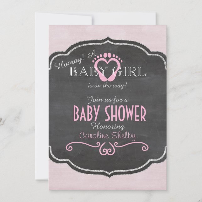 Chalkboard Rose Baby Girl Heart Shower Invitation (Devant)