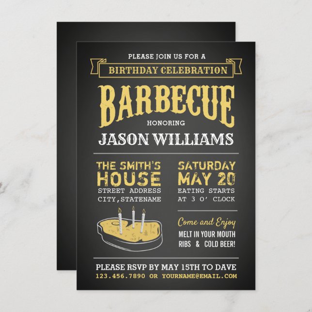 Chalkboard Rustic BBQ Invitations de fête d'annive (Devant / Derrière)