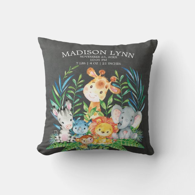 Chalkboard Safari Girl Boy Birth Stats Coussin (Recto)