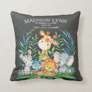Chalkboard Safari Girl Boy Birth Stats Coussin