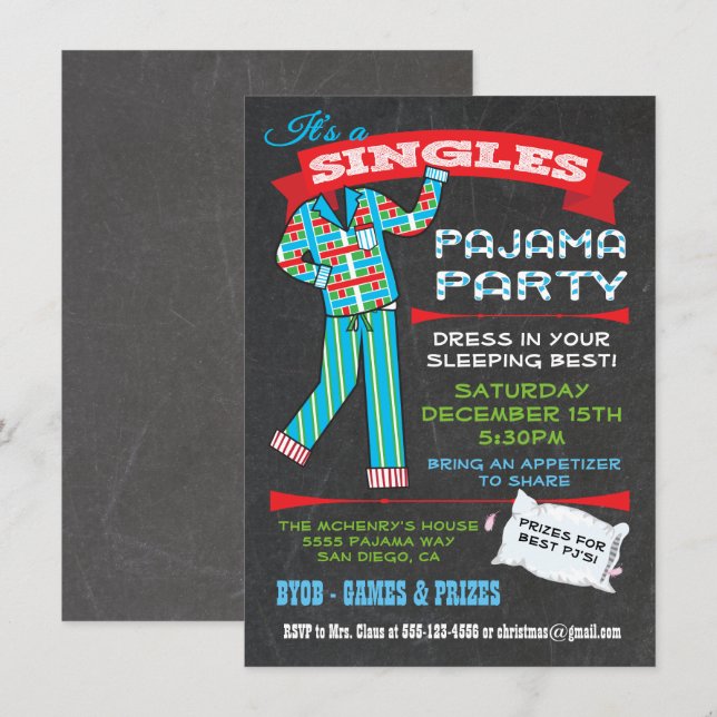Chalkboard Singles Pajama Party Invitations (Devant / Derrière)