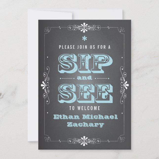 Chalkboard Sip and See Baby Boy Invitation (Devant)