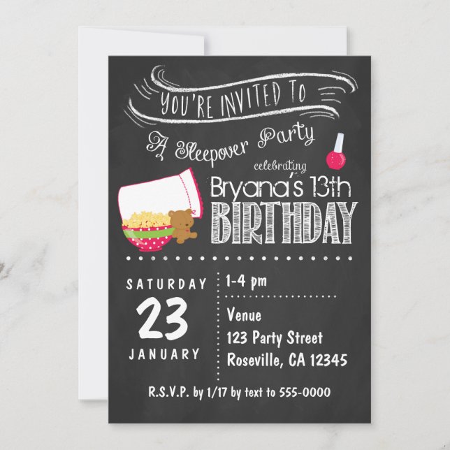 Chalkboard Slepover Anniversaire Fête Invitations (Devant)