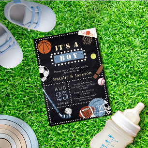 Chalkboard Sport Thème Baby Boy Shower Invitation