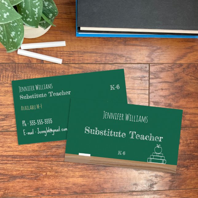 Chalkboard Substitut Cartes de visite enseignant (Green chalkboard substitute teacher double-sided business cards .)